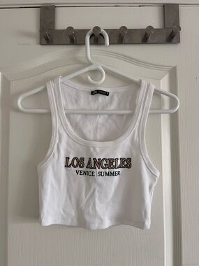 Zara White Ribbed Cropped Tank with Los Angeles Venice Summer Embroidery